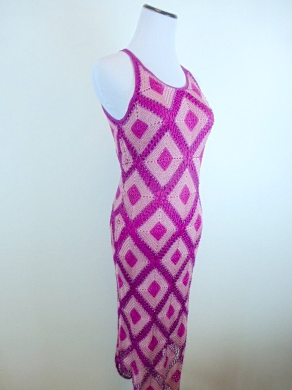 KROSHETTA  PAPILLON Dress crochet pink geometric midi sleeveless slip S sheer
